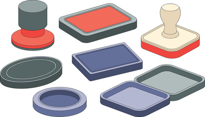 Rubber stamp and ink pad illustration showing colorful office and craft tools with creative design variations © MST
