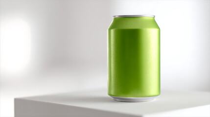 Fototapeta premium Vibrant Green Aluminum Beverage Can on White Surface in a Bright Studio Environment, Ready for Product Branding or Refreshment Concepts