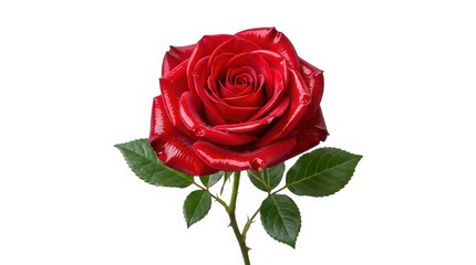 Fototapeta premium Vibrant red rose flower with green leaves, blooming crimson rose blossom on white background, elegant floral element for romantic design and wedding cards