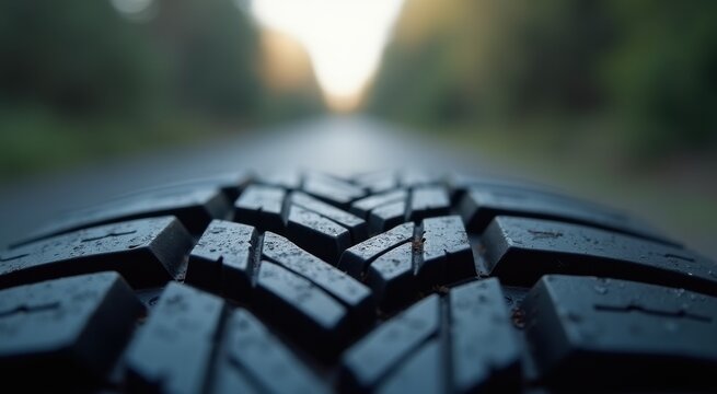 A close up of a tire on a road with a blurry background