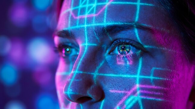 A person's face with digital code, technology concept