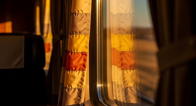 Interior shot of a train window with colorful stitched fabric curtains and blurred outdoor view