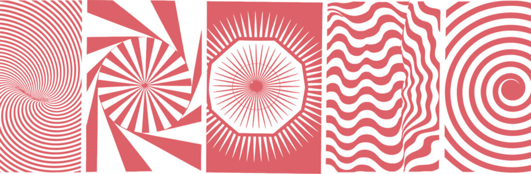 Swirl Candy Cane Pattern Set, Red and White Wavy Vector Background, Abstract Candy and Lollipop Texture, Sweet Treat Illustration, Isolated Modern Decorative Design Collection