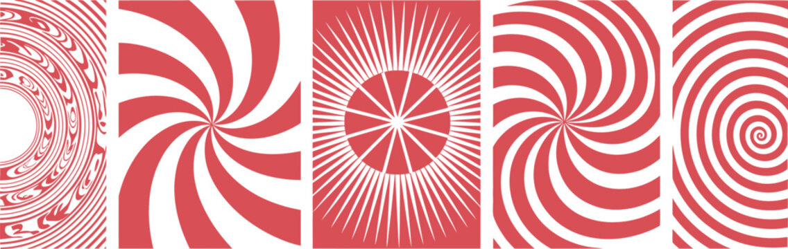 Swirl Candy Cane Pattern Set, Red and White Wavy Vector Background, Abstract Candy and Lollipop Texture, Sweet Treat Illustration, Isolated Modern Decorative Design Collection
