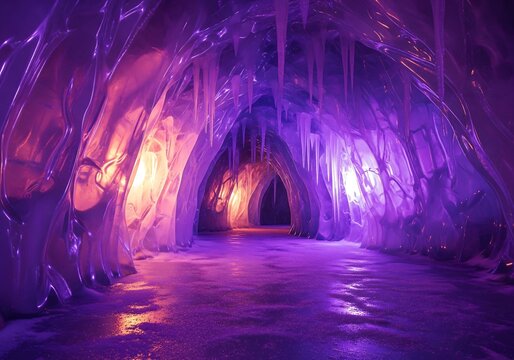 Mysterious neon lit cathedral tunnel with glowing purple violet arches revealing ancient ruins and shadowy figures illuminated by eerie warm orange beams creating surreal fantasy gothic atmosphere