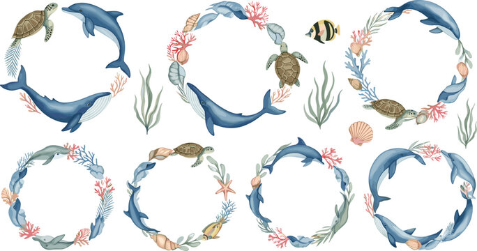 Marine Animal Wreath Collection Featuring Dolphins Whales Turtles and Coral Circular Frames for Ocean Themed Decorative Vector Designs