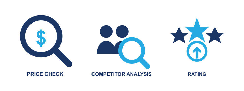 Price check competitor analysis and rating star growth flat business icons set.