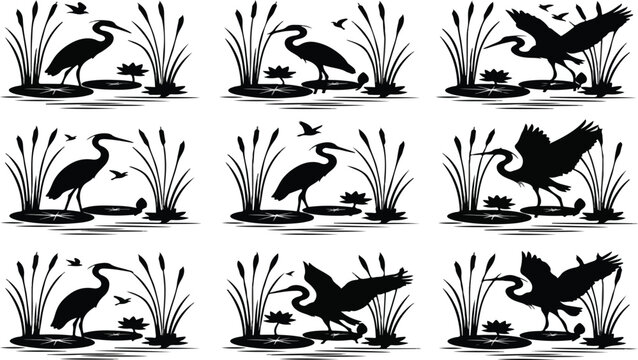 Silhouette of wetland scenery with birds, cattails, water lilies, and reeds in black and white style editable vector eps,ai.eps