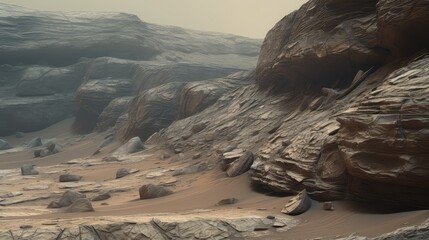 Fototapeta premium Martian landscape featuring a vast, desolate canyon and rocky terrain, with a dusty atmosphere and layered rock formations revealing the surface geology