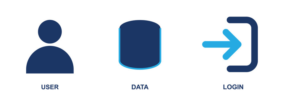 User profile database data storage and system login navigation icon collection.