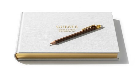 Naklejka premium Elegant white guest book with gold foil lettering, luxury wedding registry journal with wooden pen, minimalist stationery for events and celebrations isolated on White Background