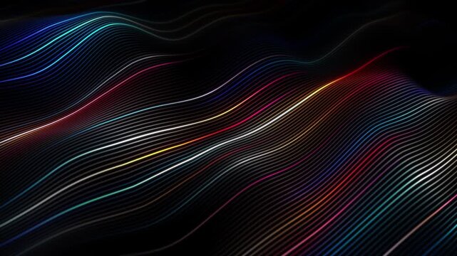 Multicolored striped liquid background. Bright neon lines form a wavy relief. Colored waves of fluorescent light. Looping digital LED screensaver for PC. Linear grid sound waves. 4K 60 fps VJ looping
