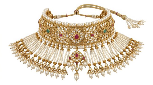 Traditional Indian gold choker necklace with pearls and gemstones, ornate bridal jewelry set, luxury ethnic kundan necklace for weddings isolated PNG with Transparent Background