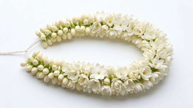 Traditional jasmine flower garland, white fragrant malai lei for religious ceremony, handmade floral necklace on white background