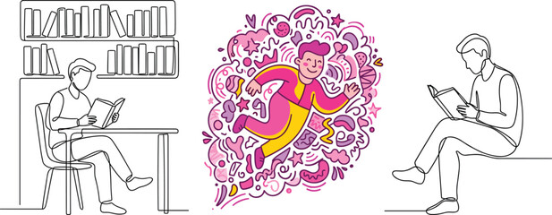 reading and imagination icons set with books, people, and creative thought illustrations for websites and apps © Jami