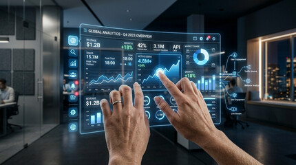 Fototapeta premium Business professional interacting with digital financial dashboard on large touchscreen display