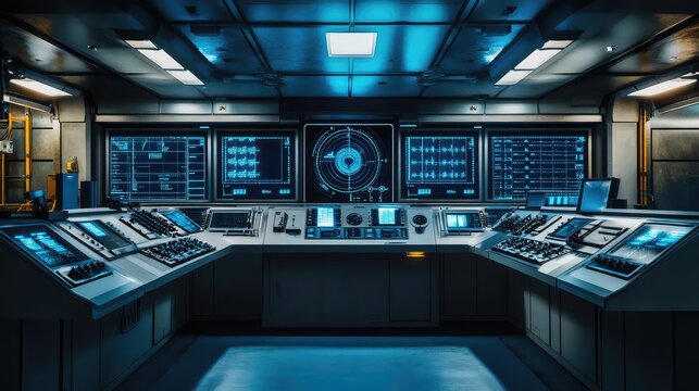 Futuristic command center interior displaying advanced technology, glowing blue monitors, digital data, and specialized control panels in a sophisticated, modern environment