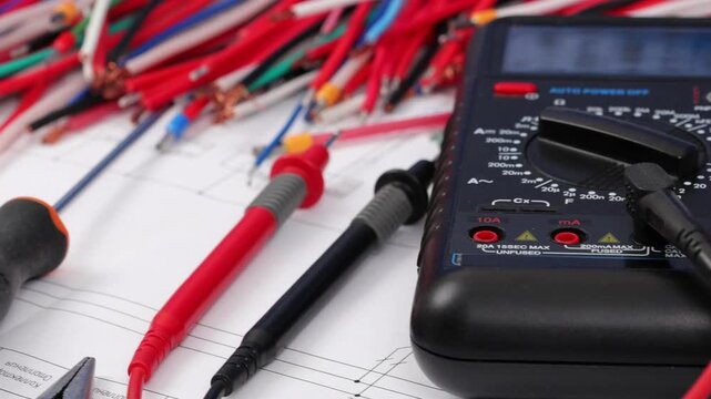 A digital multimeter for measuring the parameters of electrical circuits. Close-up. Soft focus.Tools and materials for assembling an electrical switchboard in the workplace.