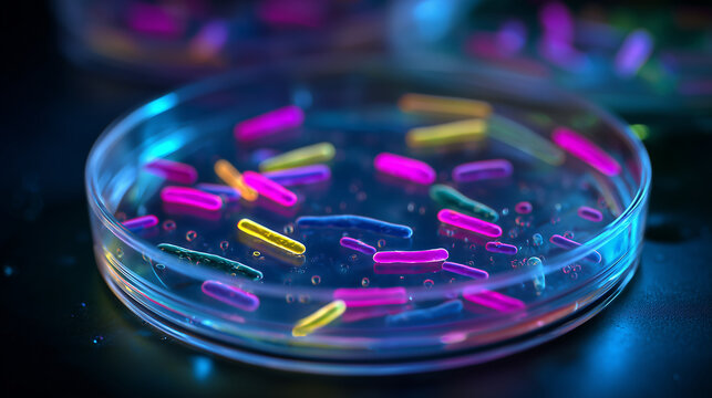 This macro close up image showcases a vibrant and colorful view of glowing cocci bacteria on a petri dish captured under UV fluorescence
