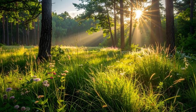 Claro de bosque iluminado por el sol al amanecer con hierba verde y ambiente natural tranquilo