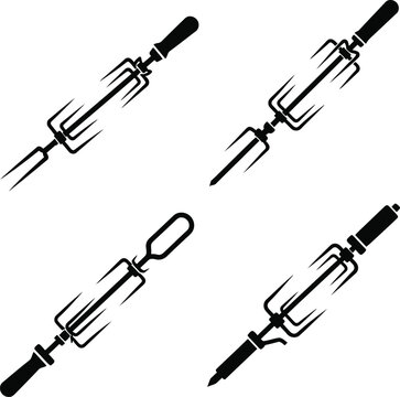 Four rotisserie spit rods with handles on a white background, isolated on transparent background
