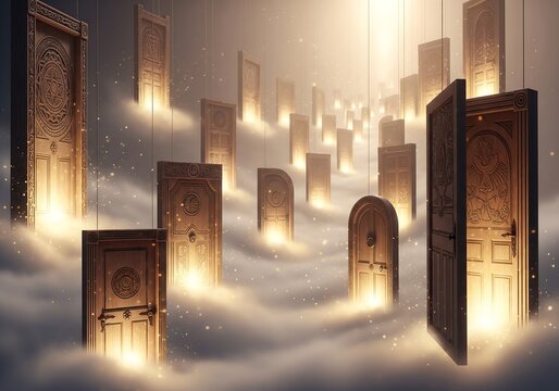 Mystical floating ancient wooden doors glowing with golden light against ethereal cloudy sky surreal dreamlike architectural vision dramatic floating doors illuminated by warm light cosmic floating