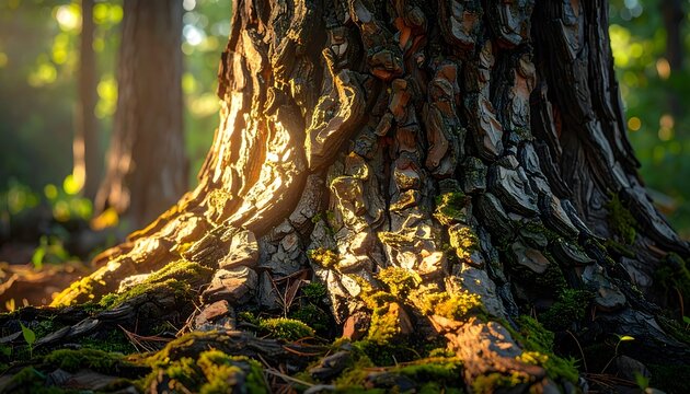Primer plano de tronco de &aacute;rbol con ra&iacute;ces iluminadas por luz c&aacute;lida en un bosque natural