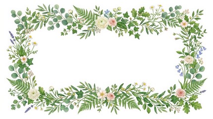 Fototapeta premium Watercolor botanical frame with garden flowers and green leaves, elegant floral border for wedding invitations, hand painted foliage wreath on white background