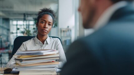 Obraz premium A focused woman in a business setting sits across from a colleague. She appears deep in thought, surrounded by stacks of documents. This image captures office dynamics and professionalism. AI