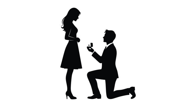 couple proposing marriage with ring in hand man kneeling to woman black silhouette high quality professional detailed modern elegant stylish clean