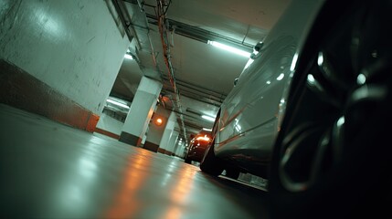 Naklejka premium Parking garage with cars parked along a concrete wall, illuminated by artificial light creating a moody and urban environment, reflecting on the smooth floor