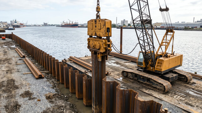 Vibratory hammer driving an interlocking steel sheet-pile bulkhead