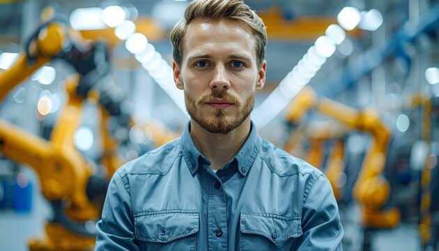 Retrato de joven profesional industrial en una f&aacute;brica moderna con maquinaria desenfocada al fondo
