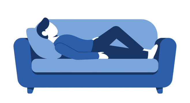 Man resting on a blue sofa, relaxing, sleep, vector illustration