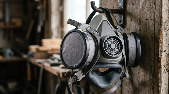 Half-mask elastomeric respirator with twin organic vapor cartridges hanging on a hook