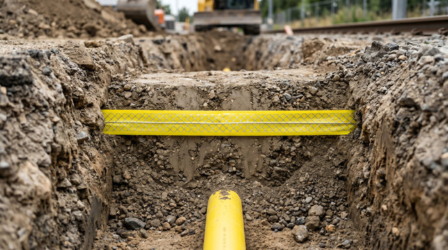 Detectable underground warning tape laid above a buried gas line in a trench