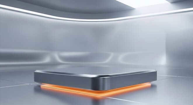 Modern, futuristic chrome platform with glowing base in a sleek, curved interior