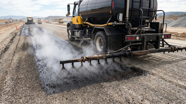 Asphalt distributor truck spraying tack coat through a heated spray bar