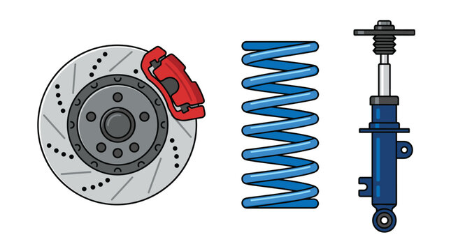 A detailed illustration of essential automotive suspension and braking components including a ventilated brake disc and a blue coil spring isolated against a clean background.