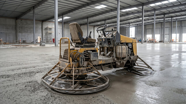 Ride-on twin-rotor power trowel finishing a fresh concrete warehouse slab