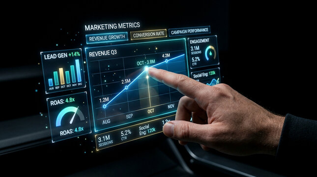 Business professional analyzing holographic marketing metrics dashboard on digital screen