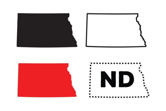 North Dakota State Map Silhouettes and Outline with ND Initials in a Dotted Border on a White Background Representing Geographic Location and Identification