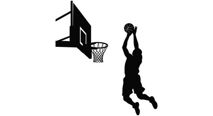 Basketball player dunking towards hoop and net dynamic sports action in black silhouette high quality professional detailed modern elegant stylish clean © Creativekhairul02