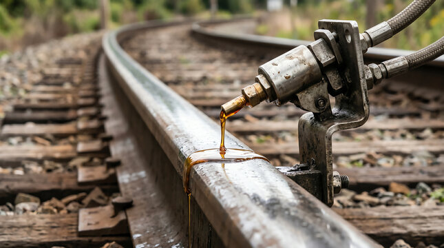 Friction modifier applicator nozzle dripping fluid onto the railhead at a curve