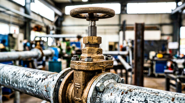 Brass gate valve with rising stem on a galvanized industrial header