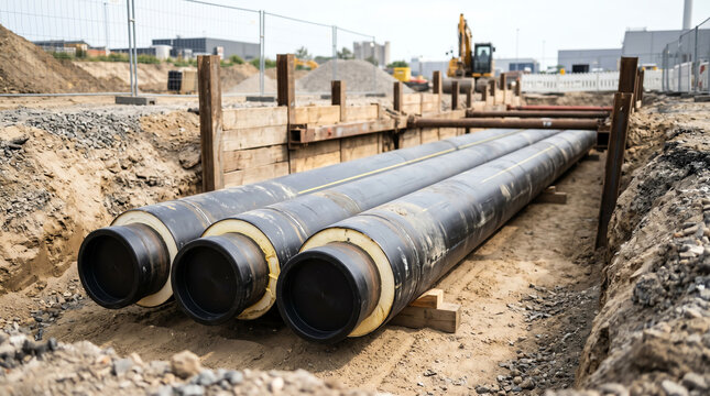 Pre-insulated district heating pipe sections in an open trench before backfill