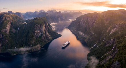 Fototapeta premium Cruise ship sailing through a dramatic Norwegian fjord at golden hour
