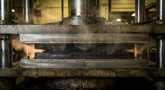 Rubber vulcanization press with steam at industrial manufacturing facility