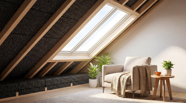 Cozy insulated attic loft room with skylight window and armchair