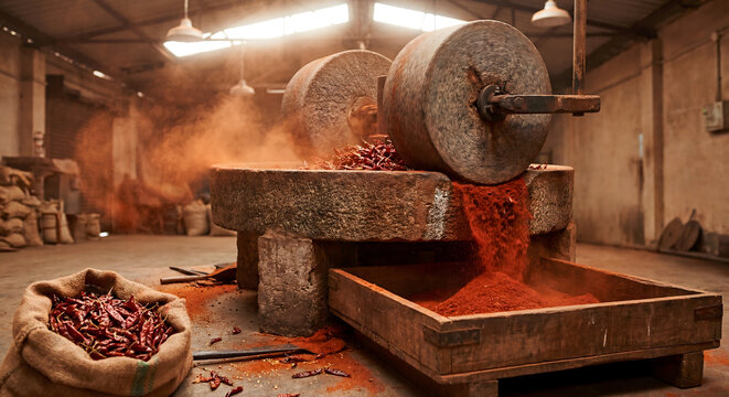 Traditional stone mill grinding dried red chili into powder in rustic spice warehouse